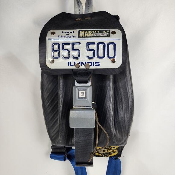 Recycle Revolution Backpack Seatbelt Buckle Tire Illinois license plate top Vtg main image 5